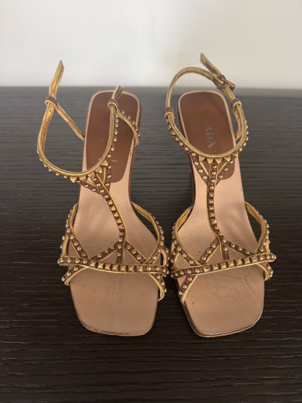 Prada Gold Studded Leather Strappy Heels